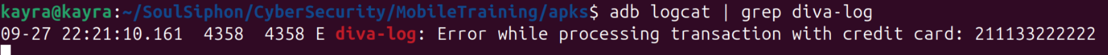 logcat showing the diva-log line with the credit card in the clear