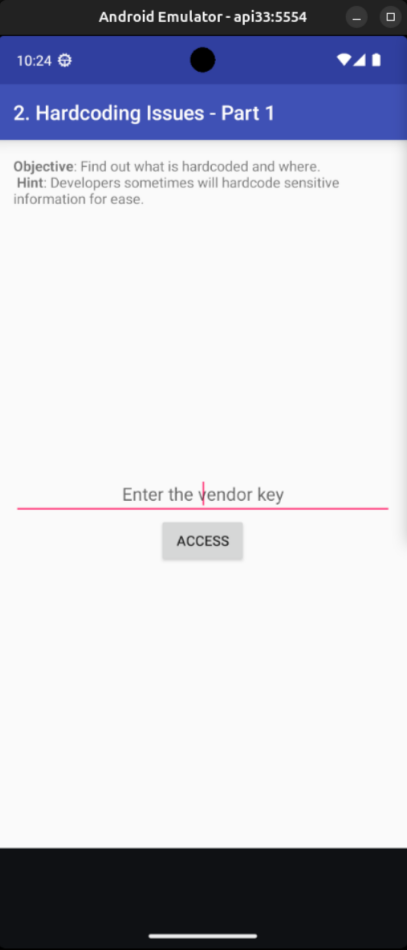 The vendor key screen asking for the hardcoded key