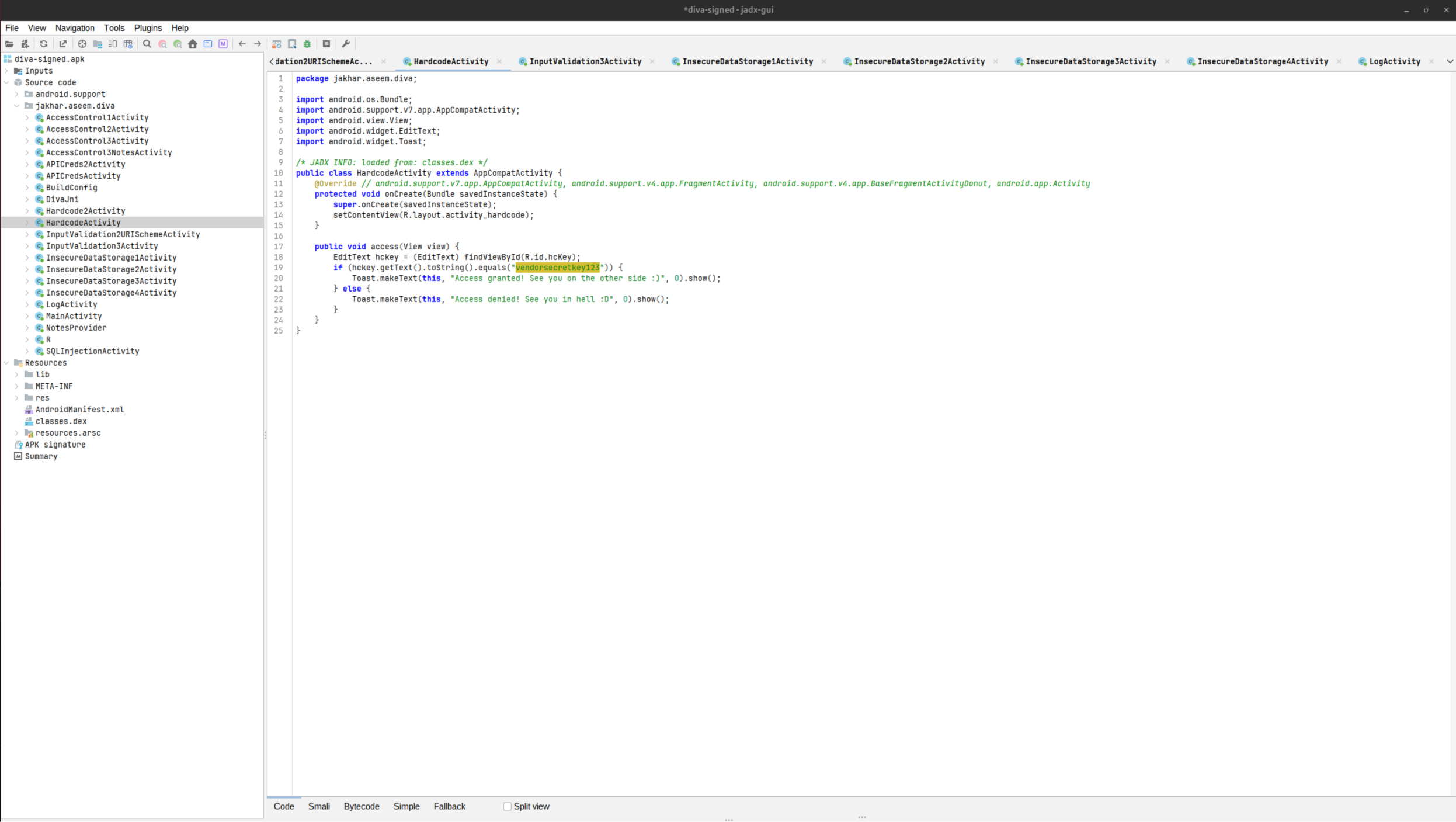HardcodeActivity comparing the input against the hardcoded vendor key