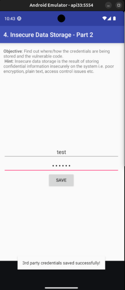 The credentials screen for the SQLite lab