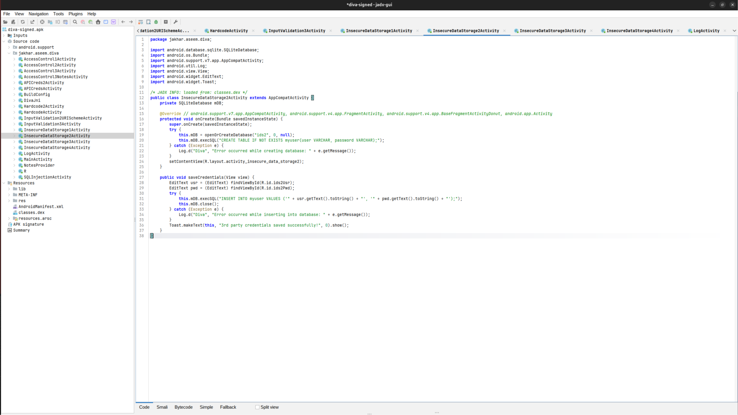 The saveCredentials and onCreate source for the SQLite lab