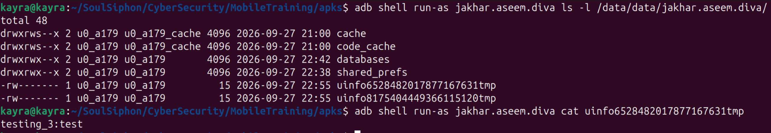 run-as listing the data directory and reading the uinfo temp file