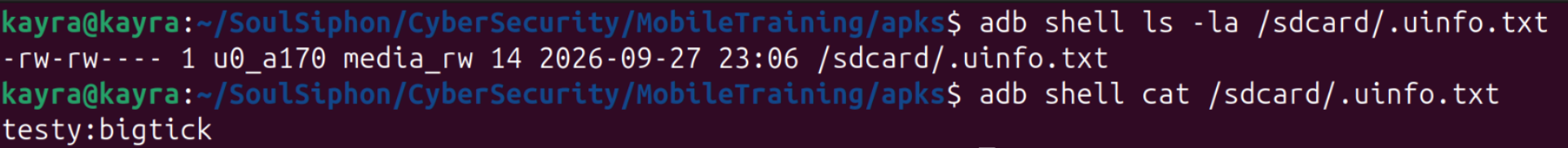 run-as free readback of the .uinfo.txt file