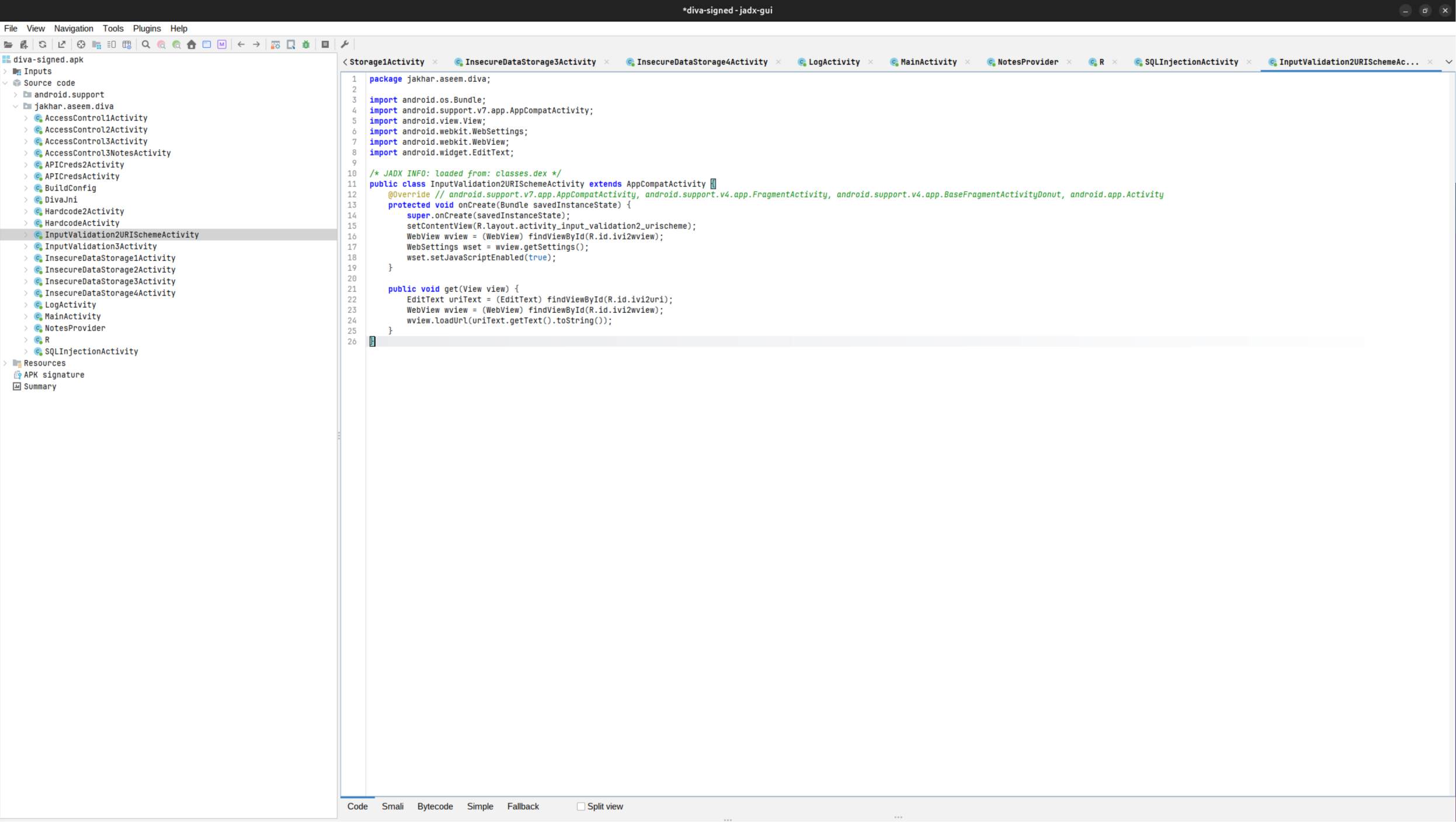 The WebView source with JavaScript enabled and loadUrl on the raw input