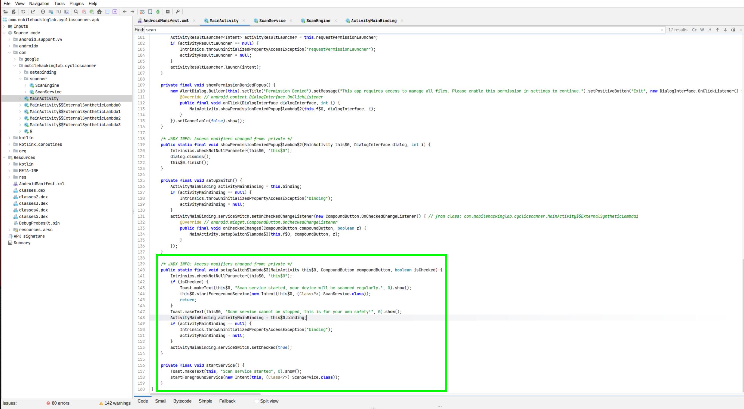 MainActivity in jadx showing the switch listener calling startForegroundService