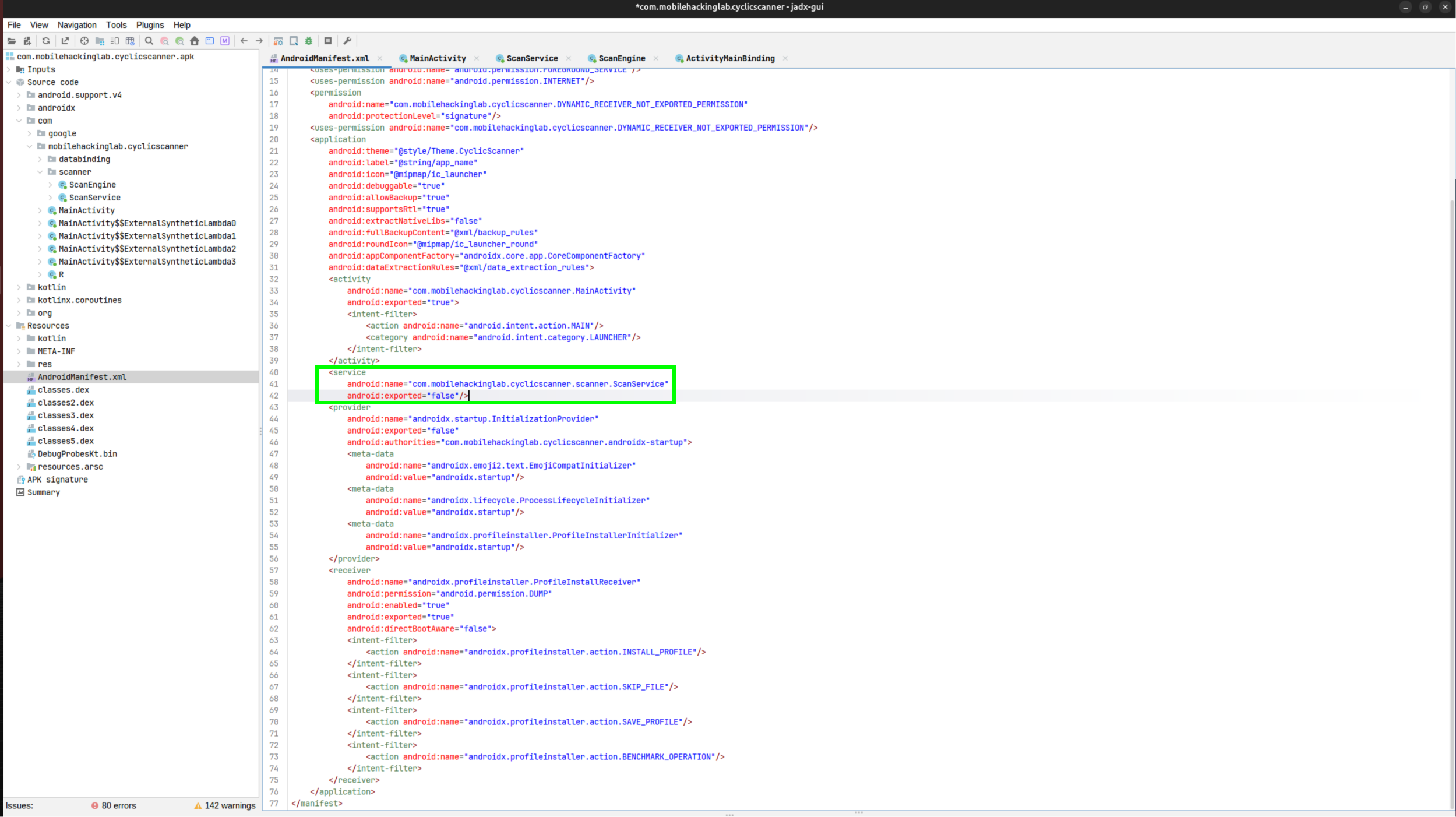 AndroidManifest.xml in jadx showing ScanService with android:exported set to false
