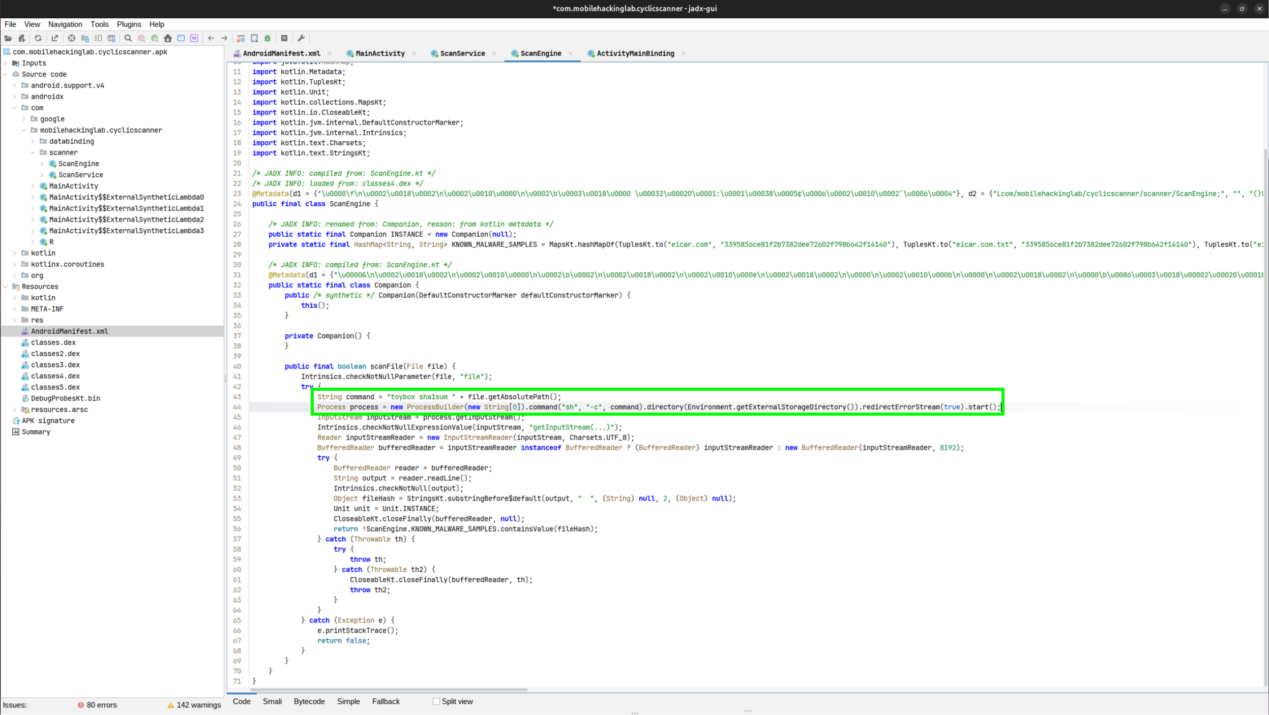 ScanEngine.scanFile in jadx showing the concatenated command and the ProcessBuilder sh -c invocation