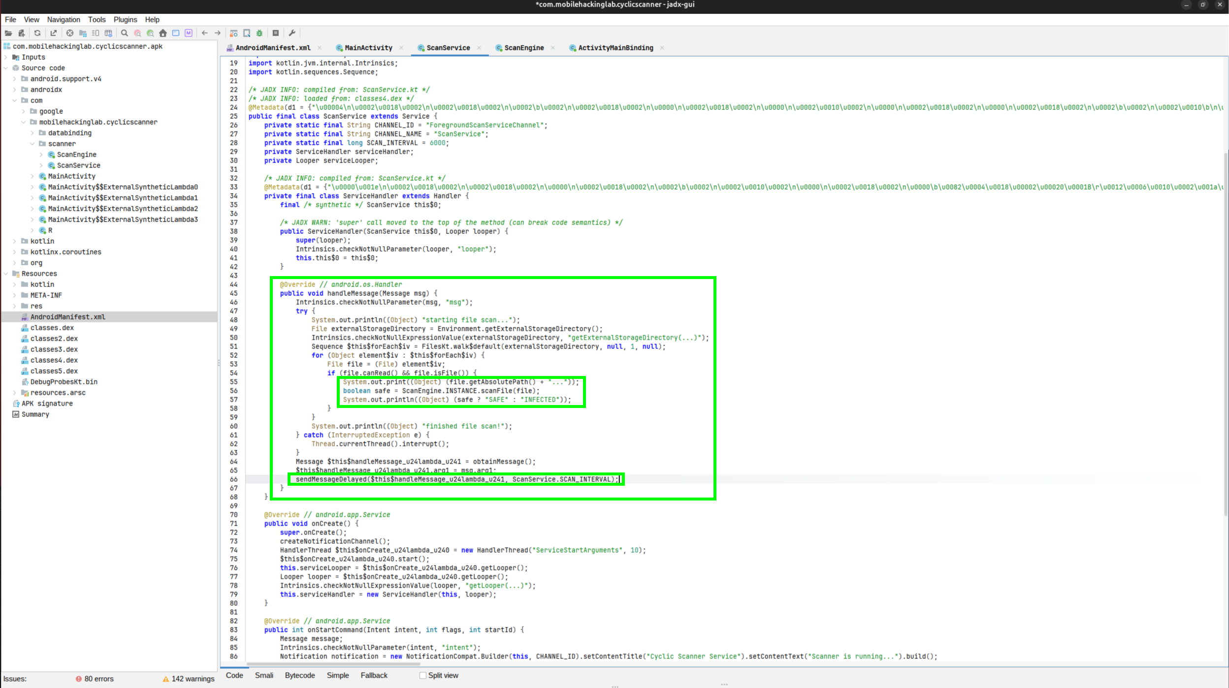 ScanService handleMessage in jadx showing the walk over external storage and sendMessageDelayed with SCAN_INTERVAL
