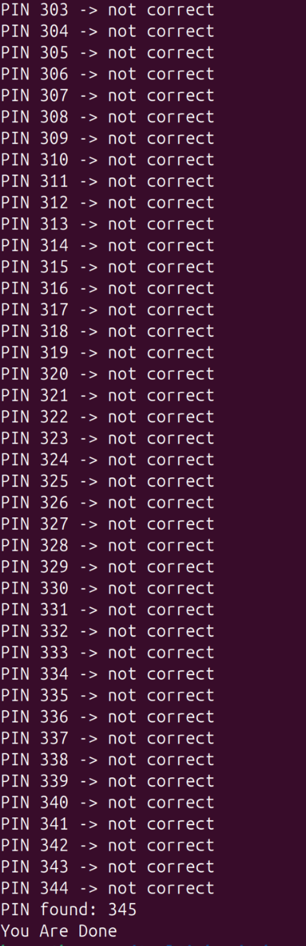 The brute-force loop reporting each PIN until it finds the right one