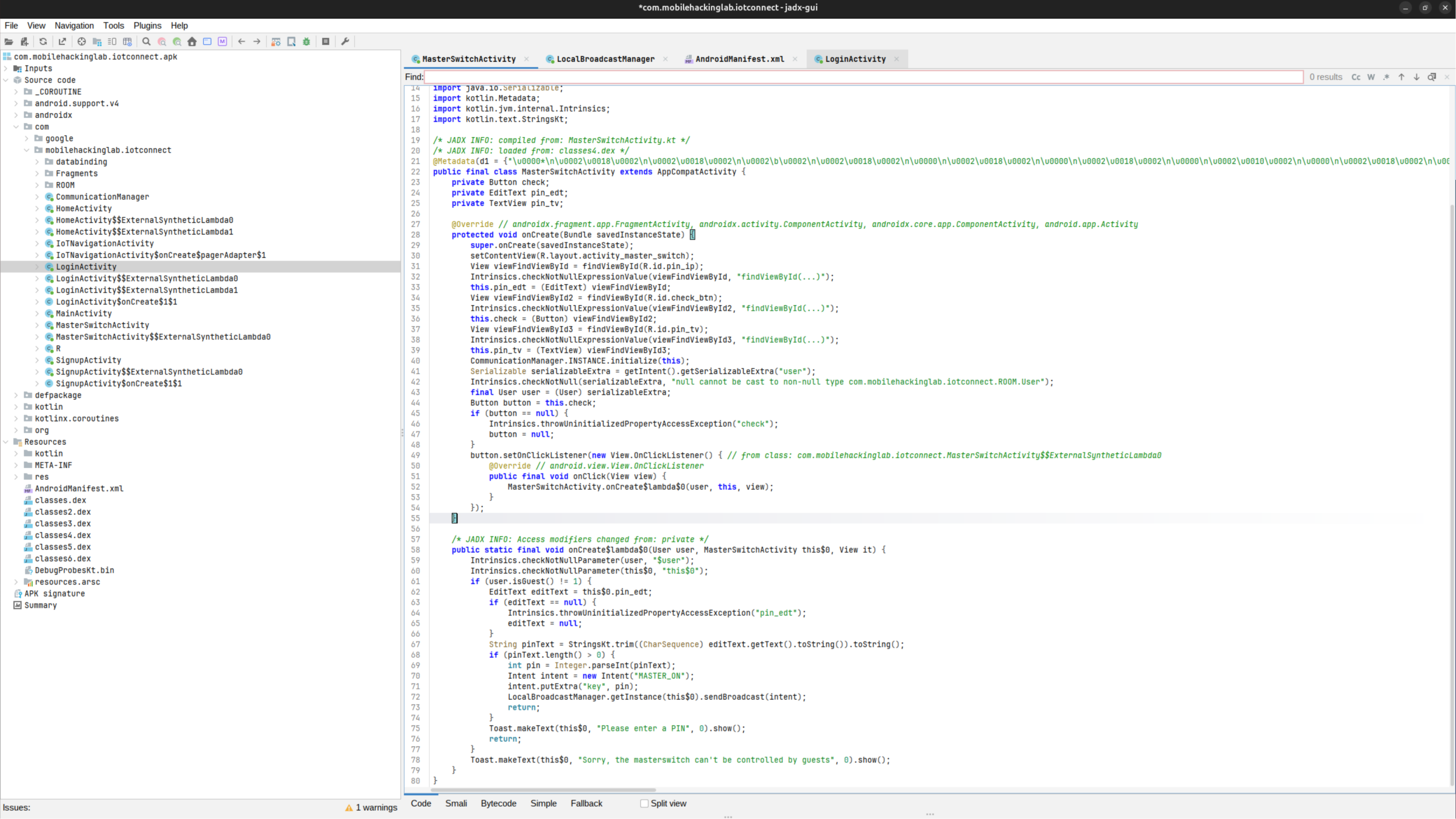 CommunicationManager in jadx showing the receiver, the check_key gate, and turnOnAllDevices