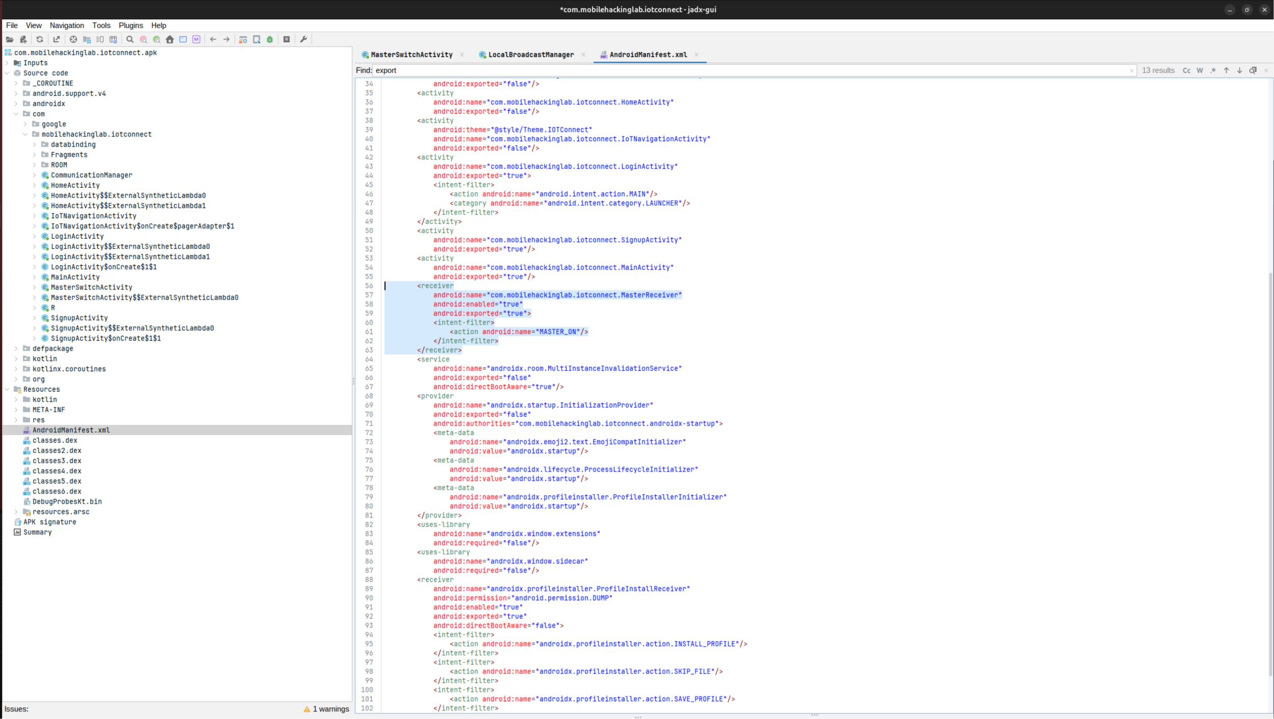 AndroidManifest.xml in jadx showing MasterReceiver exported with the MASTER_ON intent filter