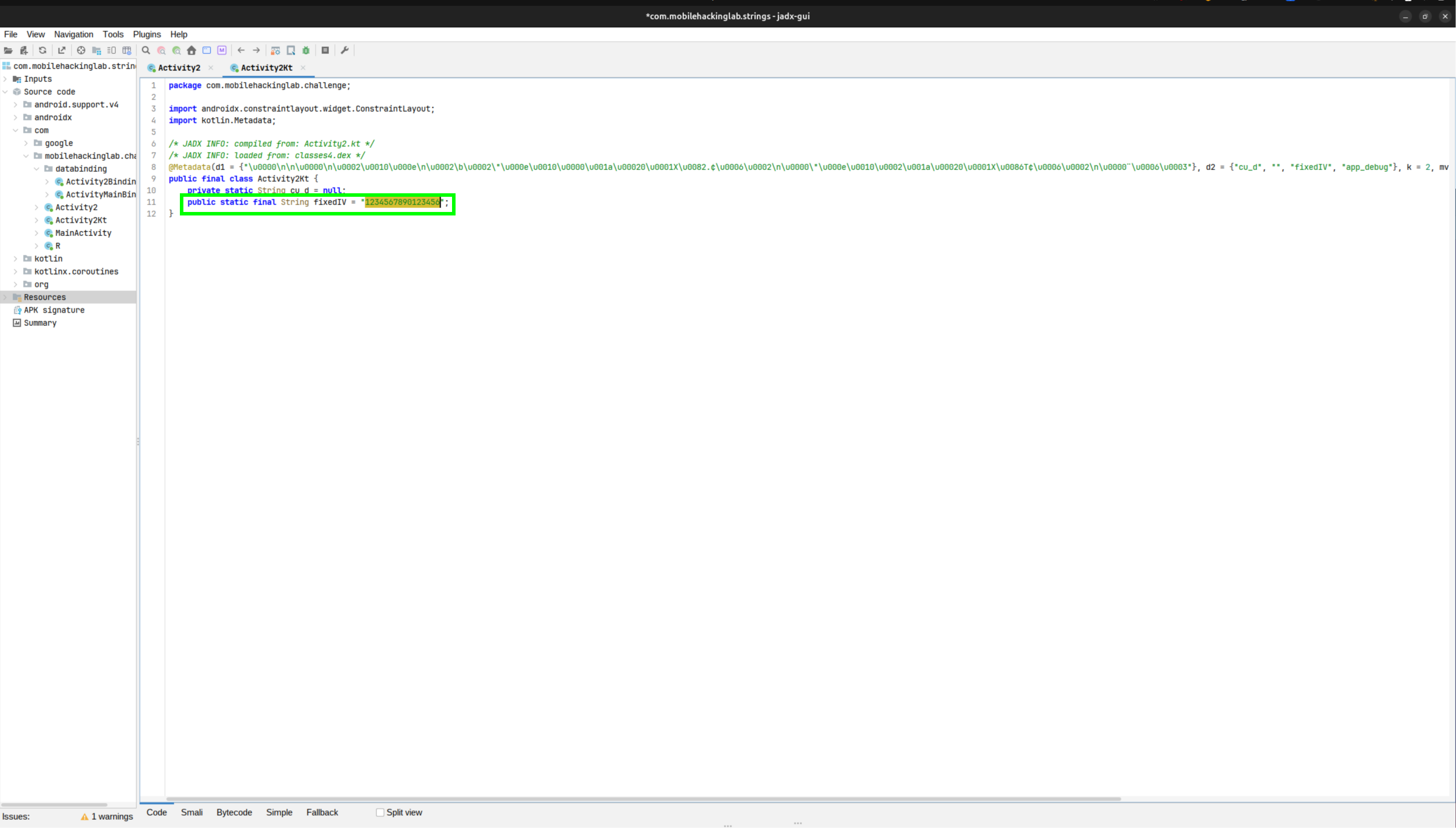 Activity2Kt in jadx showing fixedIV set to 1234567890123456