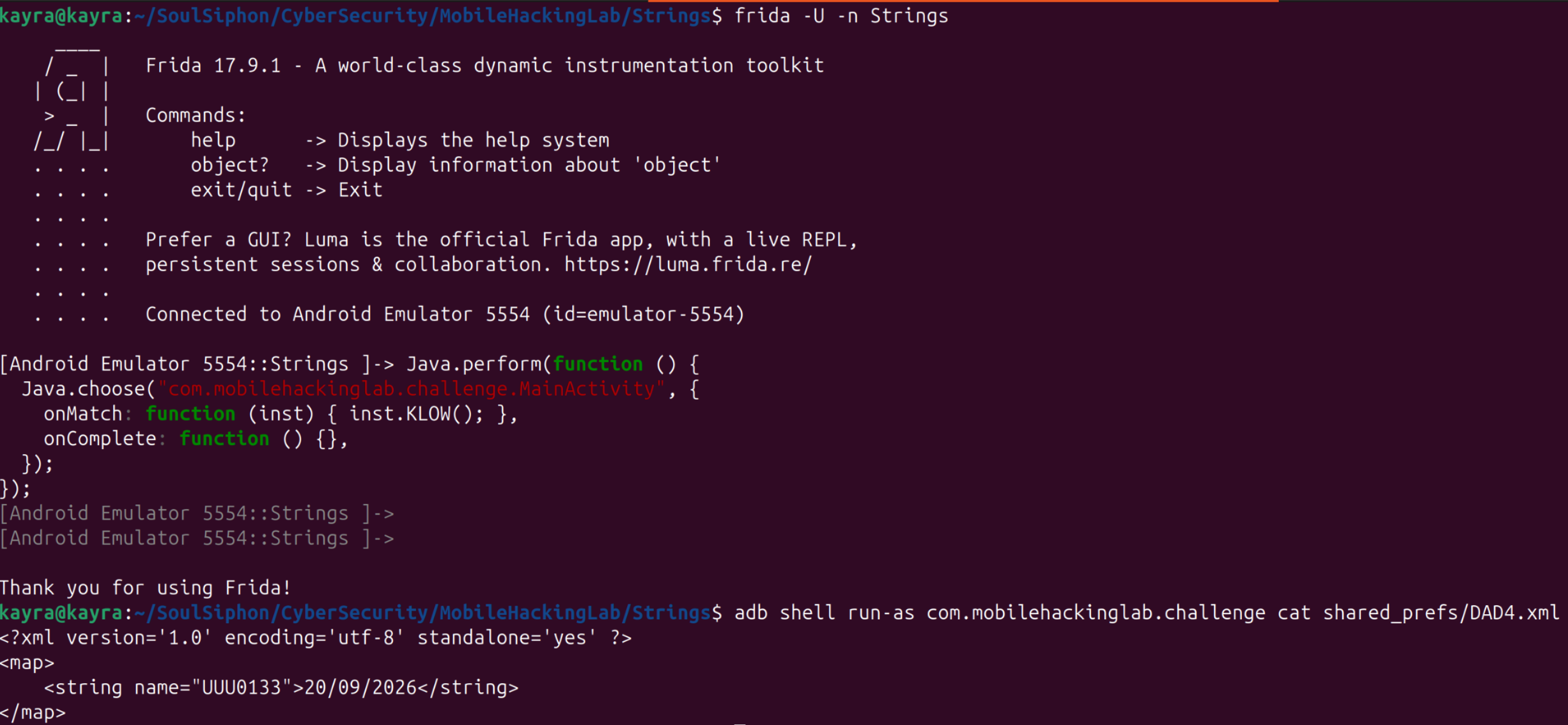 The KLOW() invocation typed into the Frida console, and the run-as cat confirming the pref file with today's date
