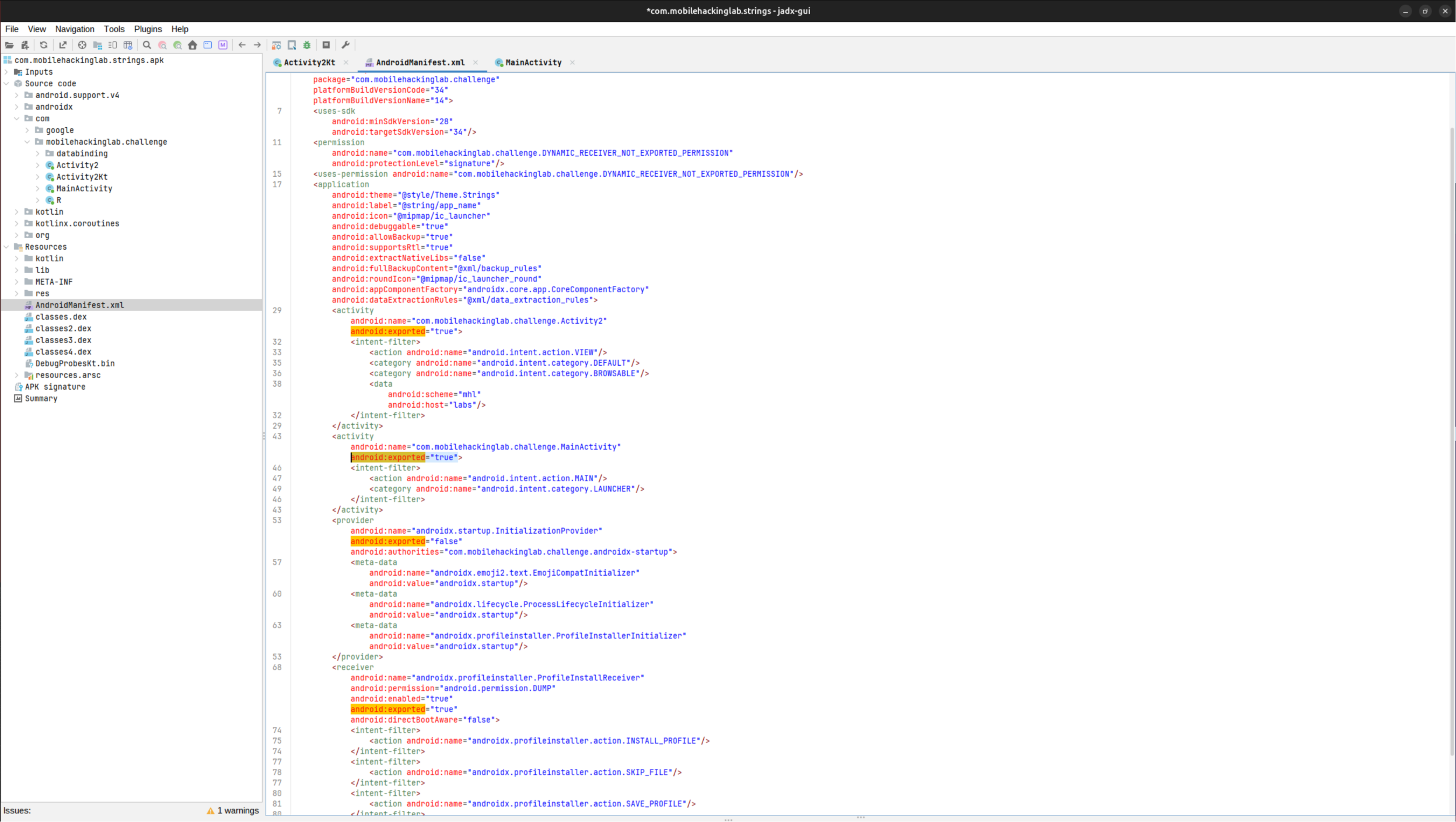 AndroidManifest.xml in jadx showing Activity2 exported with the VIEW intent filter, the mhl scheme and labs host, and the debuggable flag