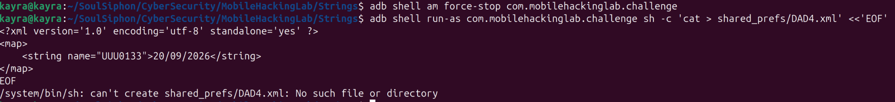 The unquoted run-as write failing with No such file or directory